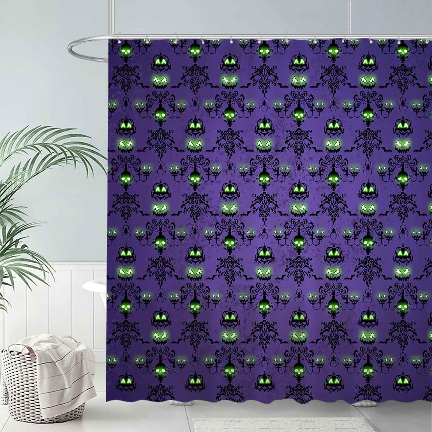 Allenjoy 72" x 72" Halloween Purple Haunted House Shower Curtain for Bathroom Set Spooky Skull Wall Pumpkin Eyes Home Bath Bathtub Decoration Durable Fabric Machine Washable