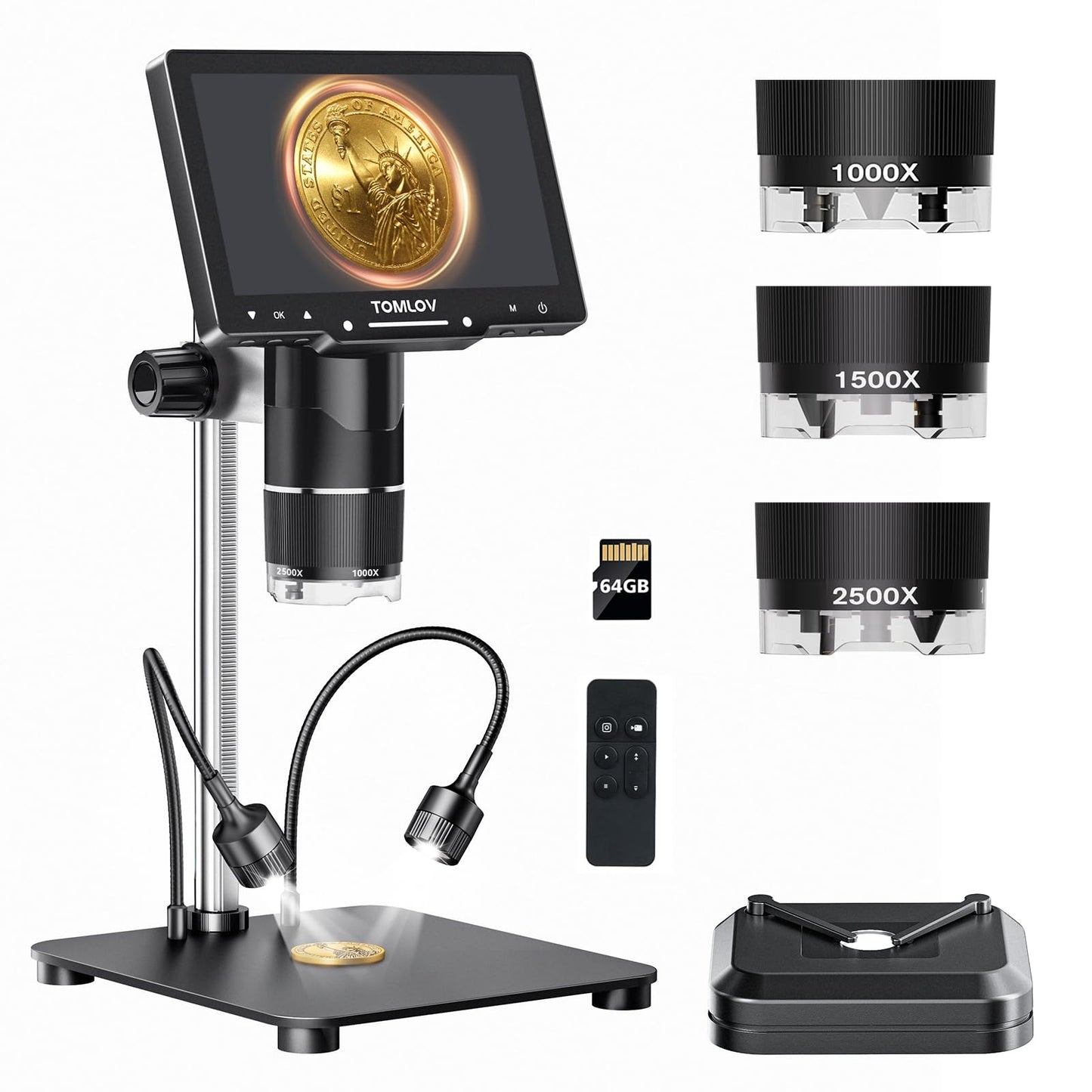 TOMLOV TriL107 3-Lens Digital Microscope: 7 2500X 2K HDMI Coin Microscope Magnifier for Whole Coin View with IPS Screen, LCD Sol