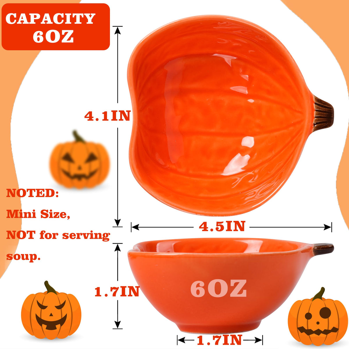 Kolewo4ever 12 Pieces Fall Ceramic Pumpkin Bowl 6 Ounces Ramekins Small Pumpkin Shaped Bowls Orange Dinnerware Decoration for Fall Halloween Serving Dip, Sauce, Condiments,Snack (Orange)