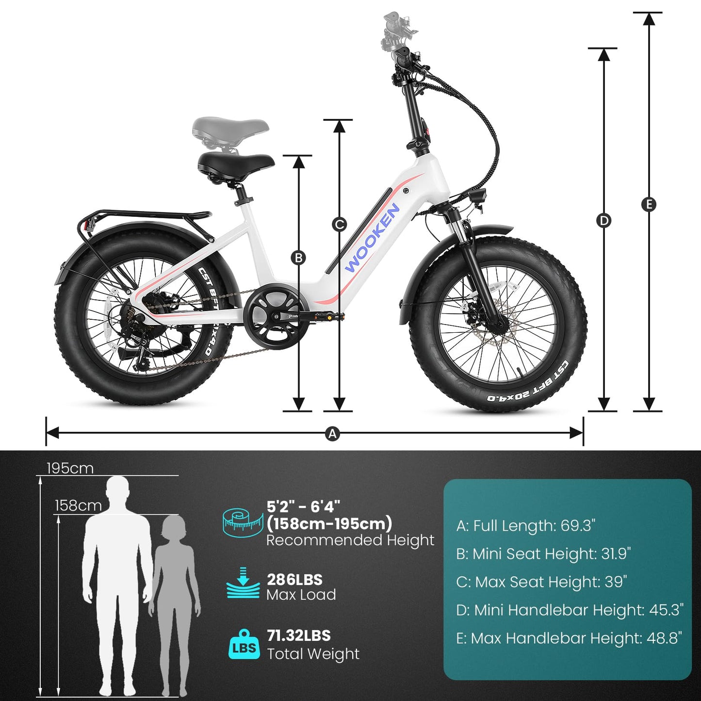Wooken Electric Bike for Adults, 500W Motor Ebike, 20"x4.0" Fat Tire Electric Bike,48V 13AH Removable Lithium-ion Battery,Up to 60 Miles, Step-Thru Electric Mountain Bike,SGS Certified to UL 2849