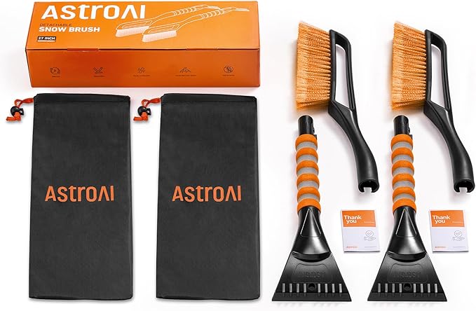 AstroAI 2 Pack 27" Snow Brush and Ice Scrapers for Car Windshield, Detachable Snow Scrapers with Ergonomic Foam Grip for Cars, Trucks, SUVs (Heavy Duty ABS, PVC Brush, Orange)