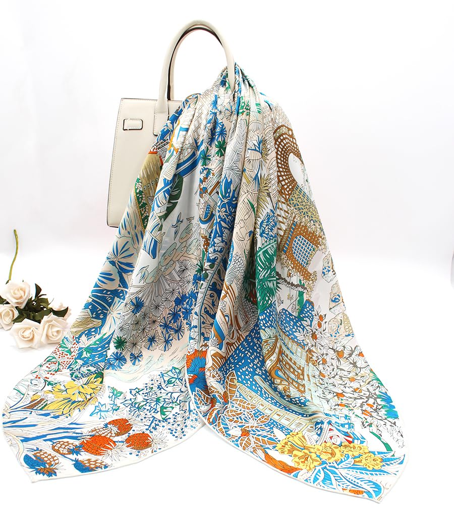 ANDANTINO 100% Silk Scarf 43" Large Square Lightweight Headscarf& Shawl–Women Hair Wraps-With Gift Packed (Beige&Blue)
