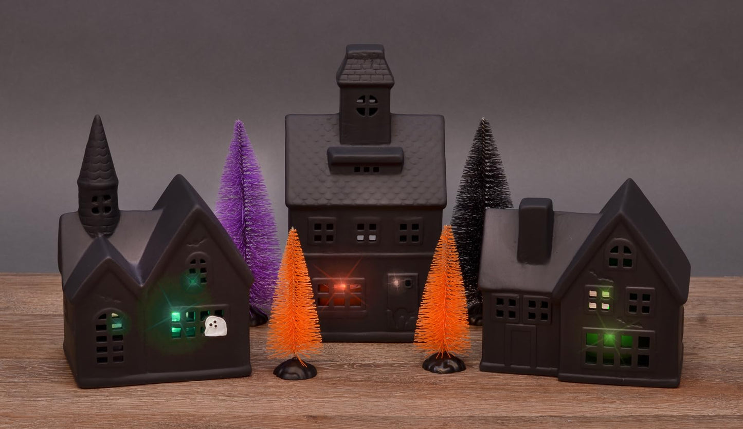 Mark Feldstein & Associates Black Porcelain Haunted Halloween LED Village, with Trees and Color Changing Tealights, 10 Piece Set
