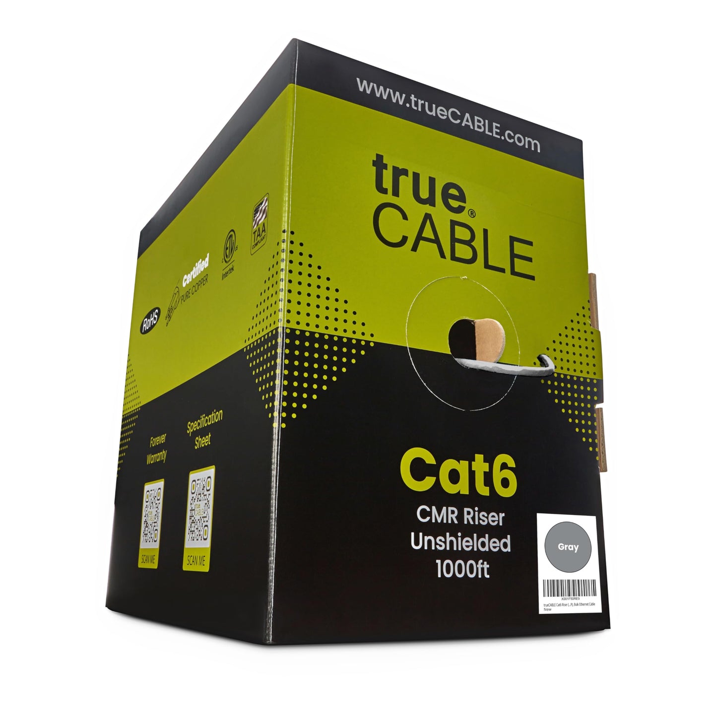 Truecable Cat6 Riser (Cmr) 1000Ft Gray 23Awg 4 Pair Solid Bare Copper 550Mhz Poe++ (4Ppoe) Etl Listed Unshielded Twisted Pair (Utp) Bulk Ethernet Cable -Like New