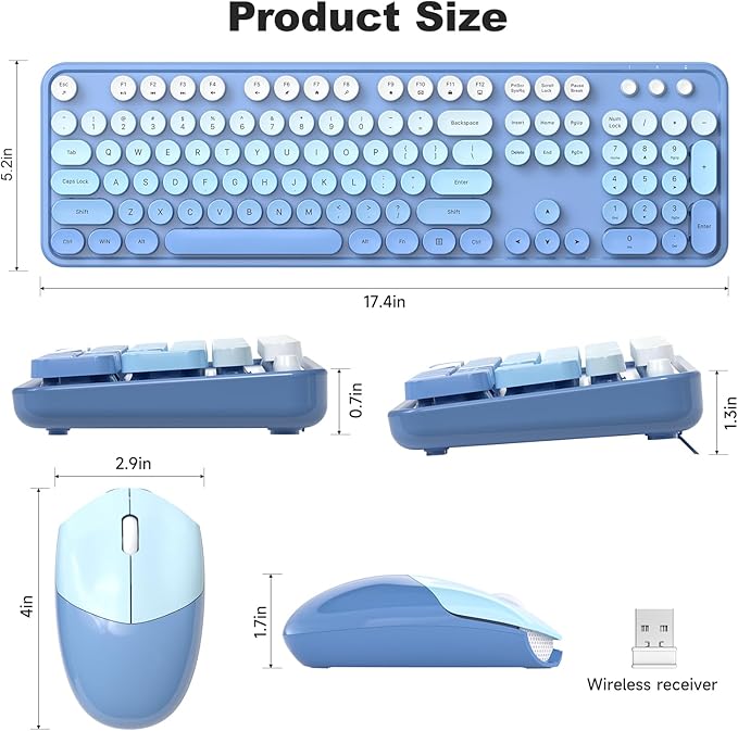 Wireless Keyboard Mouse Combo, Typewriter Full Size Keyboard with Number Pad and 2 in 1 USB Connected Mouse for Windows 7/8/10, Laptop, Desktop, PC, Computer (Blue)
