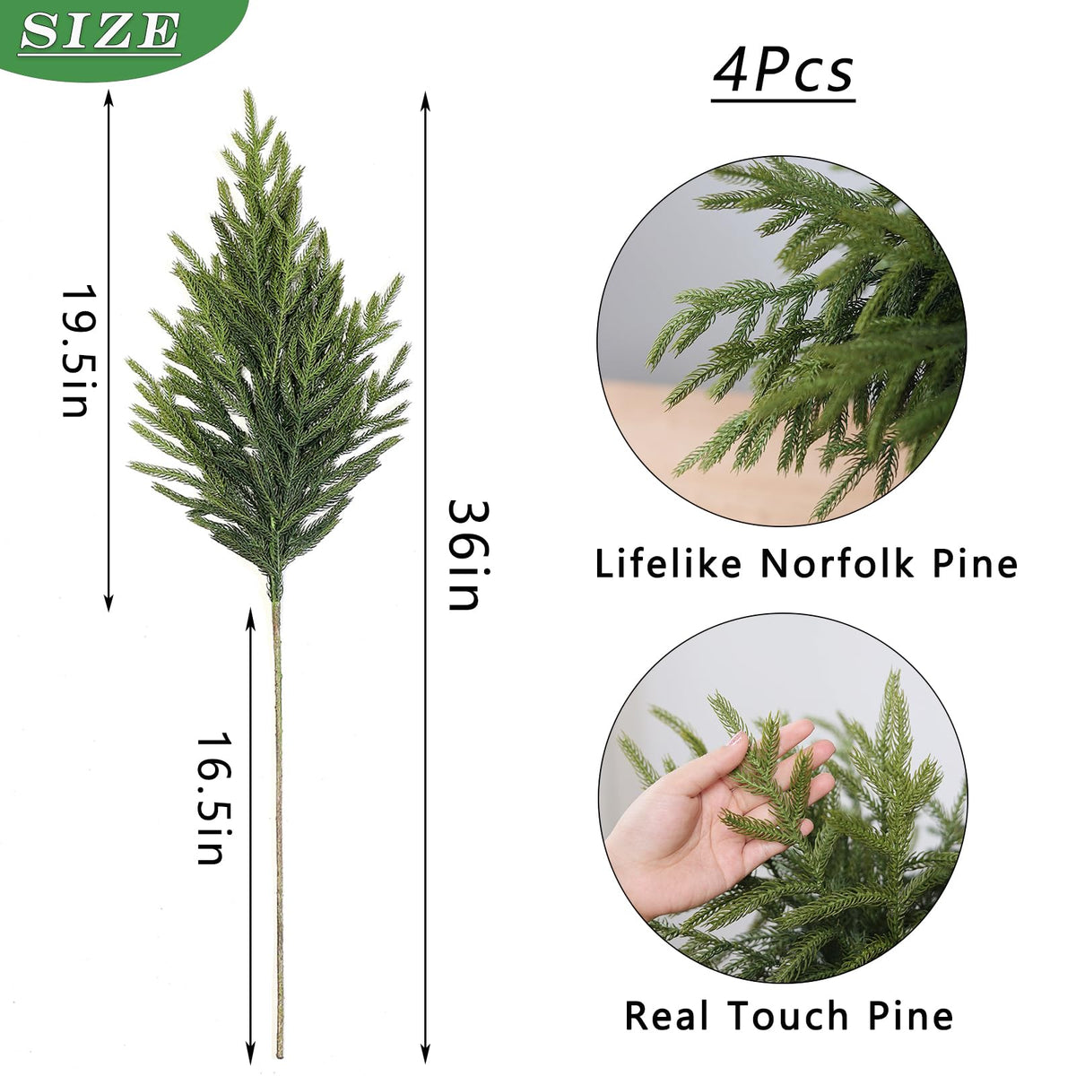 YXZZWL 4 Pcs Christmas Norfolk Pine Branches, 36 Inch Real Touch Artificial Norfolk Pine Branch Faux Cedar Pine Stem Fake Greenery Pine Picks for Vase DIY Garland Wreath Home Garden Decoration