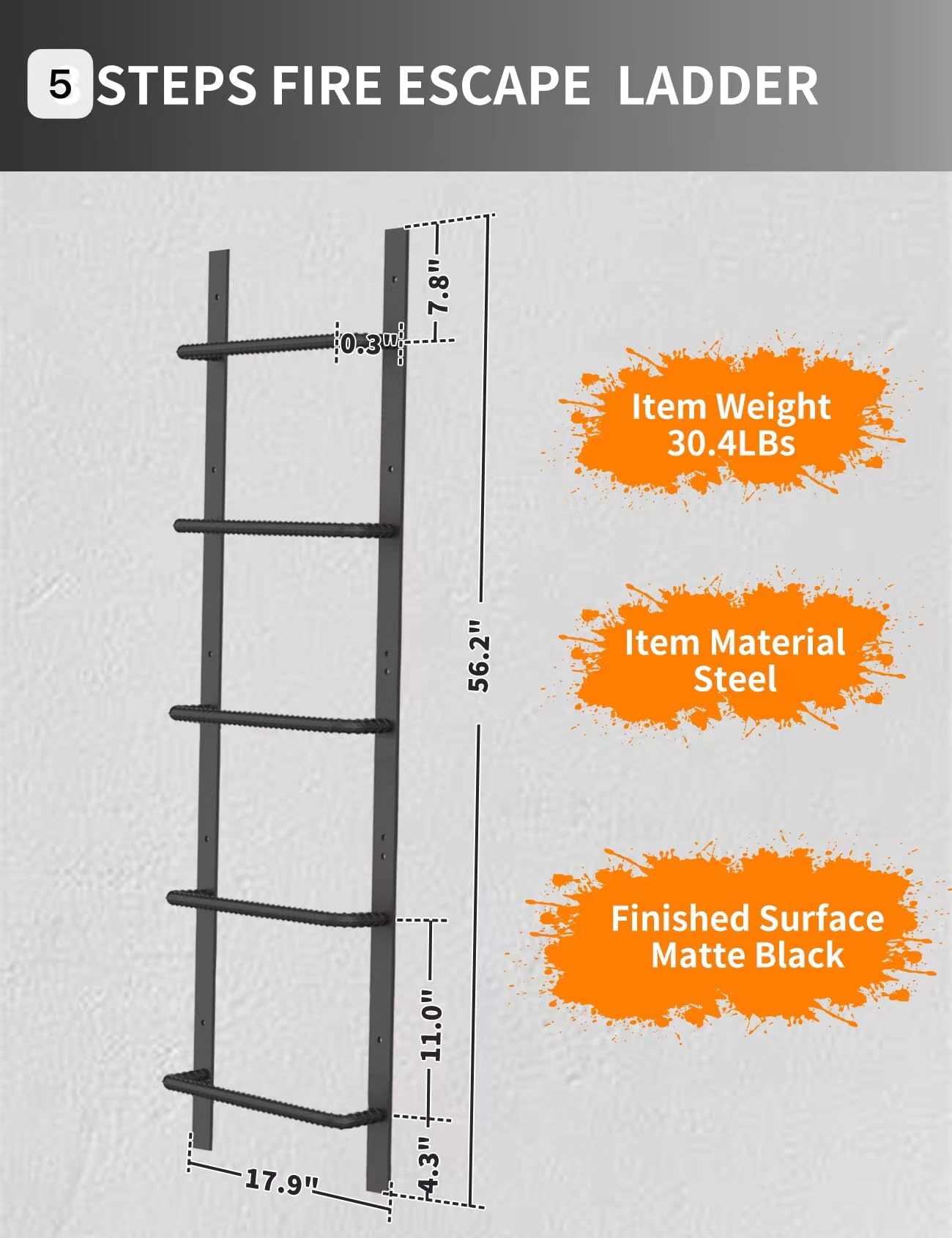5-Rung Window Well Ladder, Heavy Duty Steel Basement Egress, Fire Escape for Emergency Home Safety (56.2" Lx17.9" W, Straight, Matte Black)