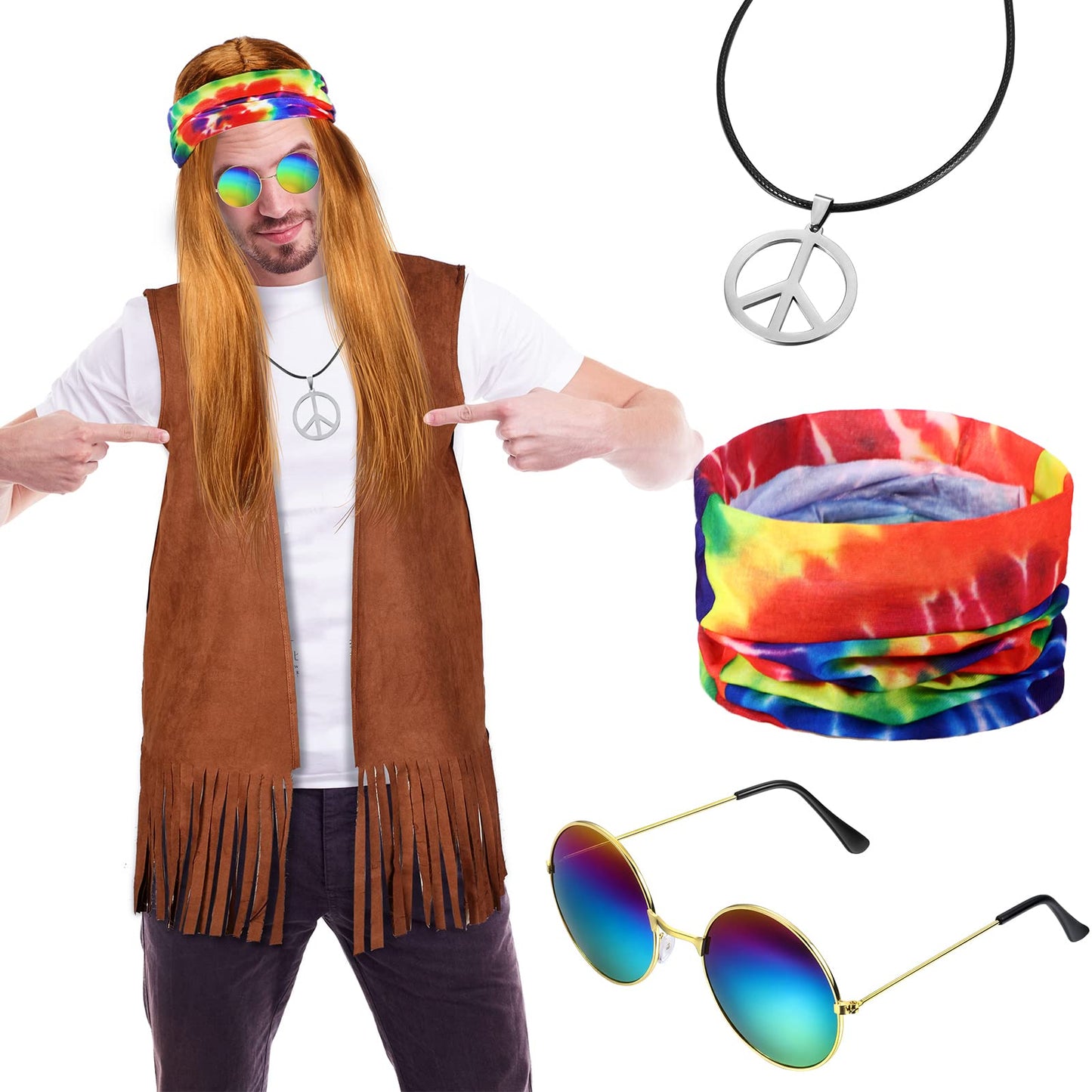 SATINIOR 60s 70s Men's Hippie Costume Fringe Suede Fabric Male Vest for Halloween Carnival Mardi Gras Cosplay Party(X-Large)