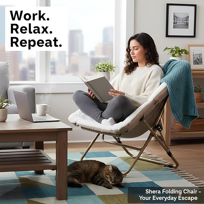 Givjoy Living Room Chair, Soft Faux Fur Folded Chair Oversized Folding Accent Chairs, Furry Lounge Lazy Chairs, Metal Frame Moon Chair for Bedroom, Living Room