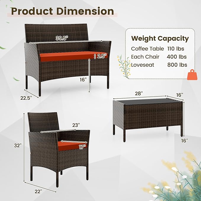 HAPPYGRILL 4 Pieces Outdoor Rattan Conversation Set, Patio Wicker Furniture Set with Loveseat Chairs & Tempered Glass Coffee Table, Outside Sectional Sofa Set for Backyard Garden Poolside, Orange