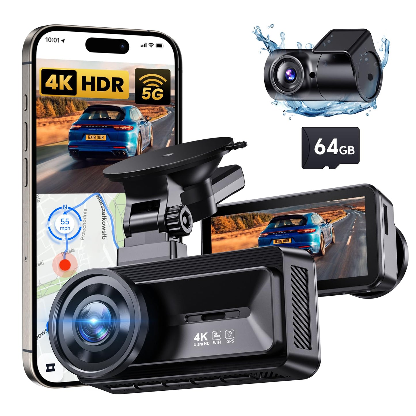 COOLCRAZY Dash Cam Front Rear - 4K+1080P Full HD Dashcam Free 64GB Card, with 5G WiFi GPS, Dual Dash Camera for Cars with 3 IPS
