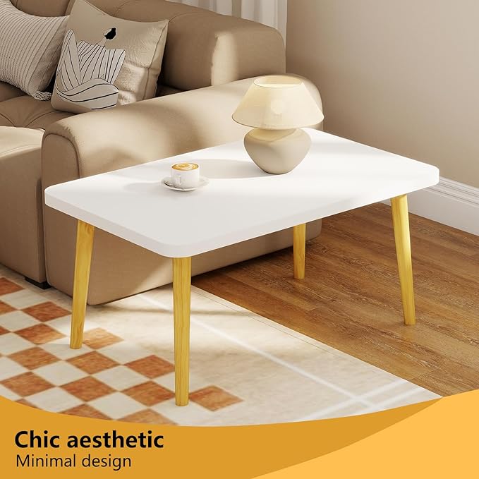 Funecy Coffee Table Low Table with Solid Wood Sturdy Legs, Floor Table Desk for Sitting on The Floor, Storage and Living Room Furniture (White-Square)