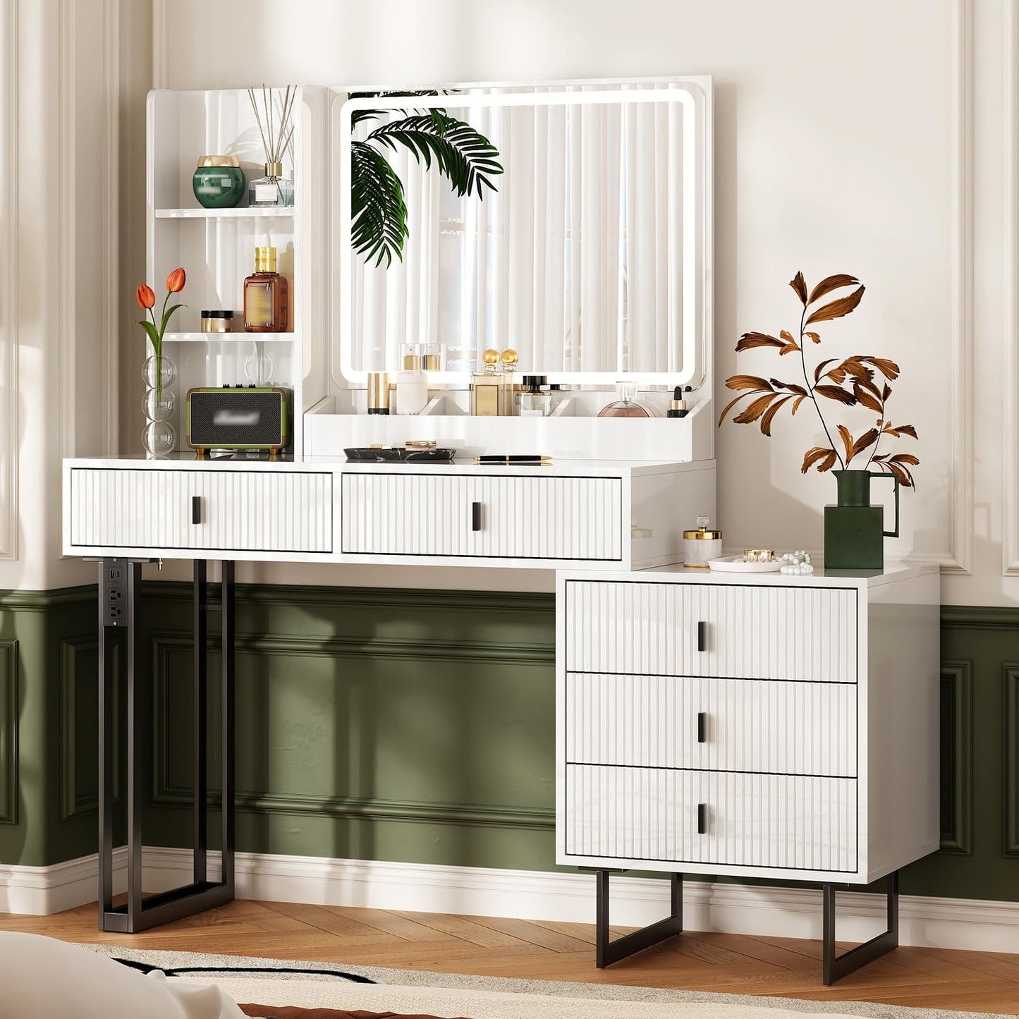 Large Vanity Desk with 3 Color Touch Screen Dimming Mirror, Vanity Desk with Charging Station, Modern Retractable Makeup Dressing Table, Vanity Table With storage shelves and 5 Sliding Drawers, White