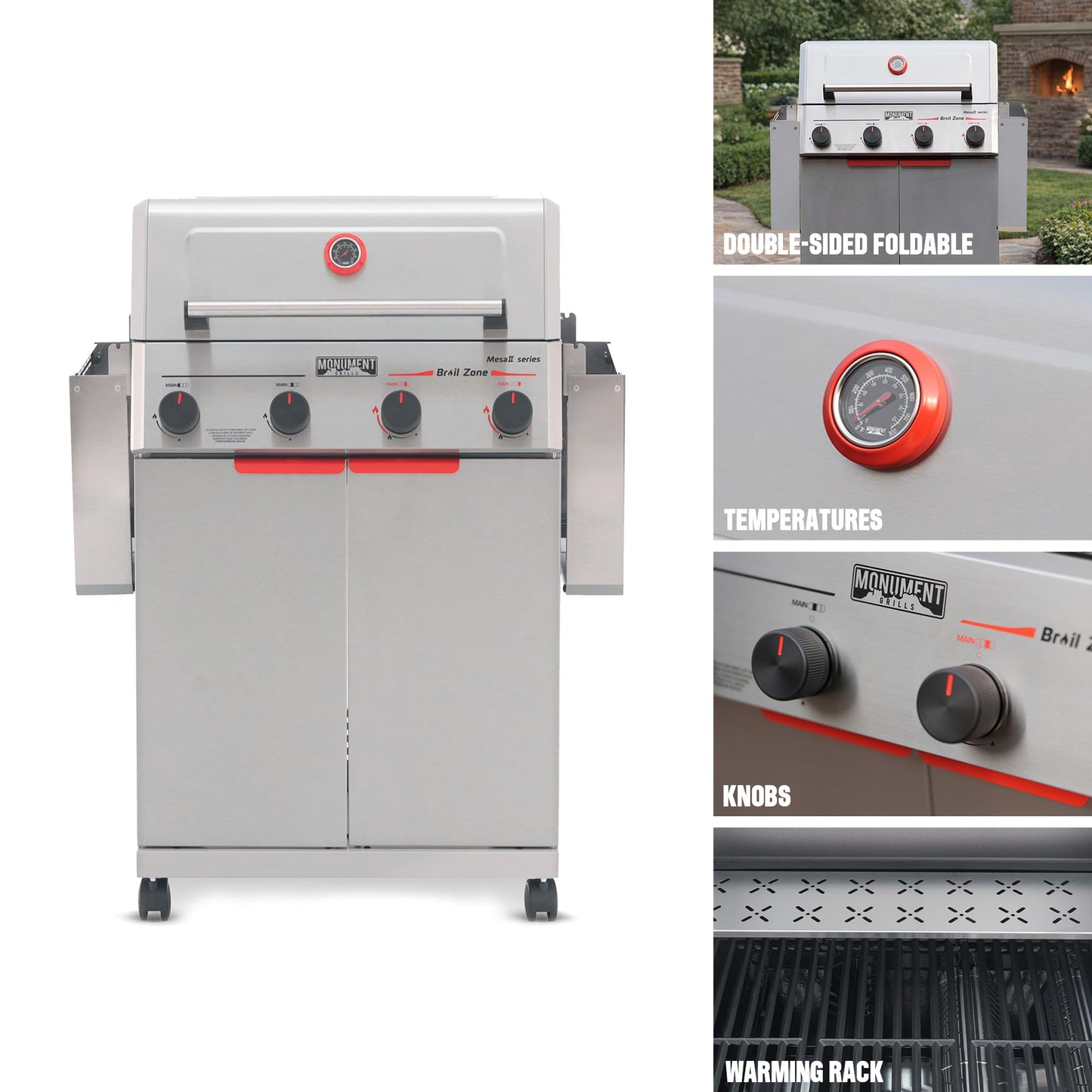Monument Grills 4 Burner Stainless Steel Propane Mesa 2 Gas Grill, 500°F in 5 Mins, 525 sq.in, 37,000 BTU, with Broil Zone, Foldable Side Shelves, Knob Controls, Built in Thermometer, Mesa II 410BZ