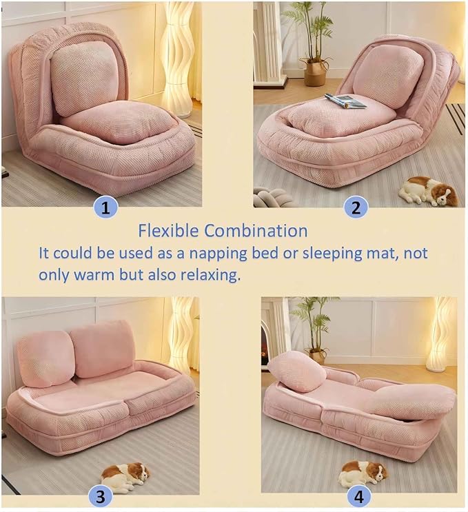 KEIKI Foldable Tatami Lazy Sofa Couch Bed with 5 Adjustable Position, Space Saving Design Human Dog Bed with Cushion Back, Easy Assembly, for Apartment, Living Room, Bedroom, Pink
