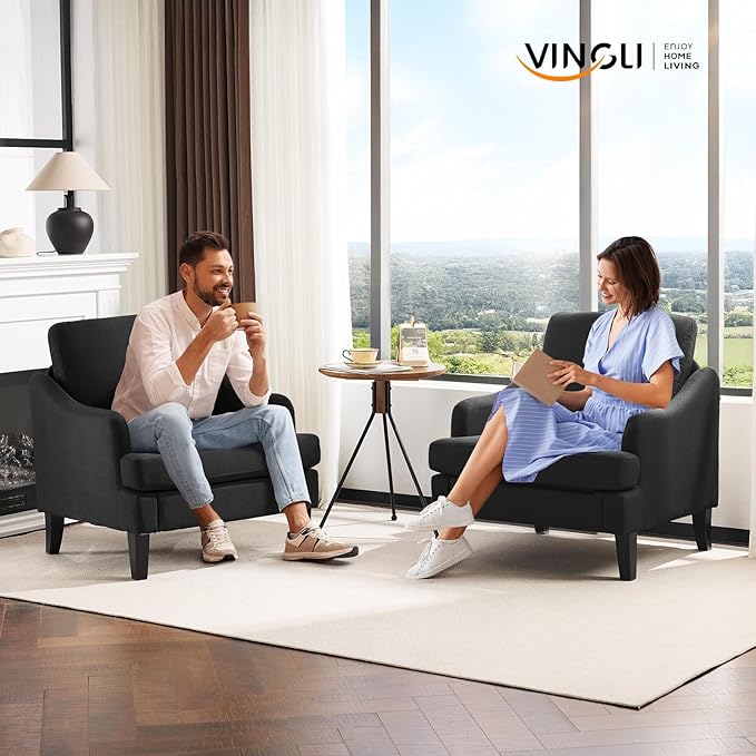 VINGLI Linen Fabric Accent Chairs Set of 2, Black Modern Upholstered Armchair, Comfy Sofa Chair Living Room Bedroom Furniture for Apartment