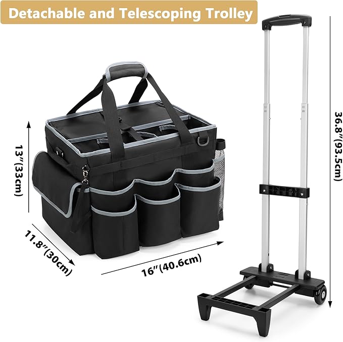 Large Cleaning Caddy with Detachable Trolley & Shoulder Strap, Cleaning Supplies Bag with Handles & Support Plates, Cleaning Product Rolling Organizer for Car Wash and Housekeeping