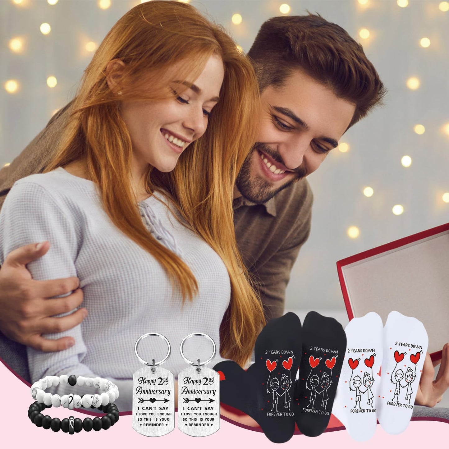 Farmansion 2 Years Anniversary Socks for Him or Her, 2nd Wedding Presents for Husband Wife,Anniversary Keychain for Couples