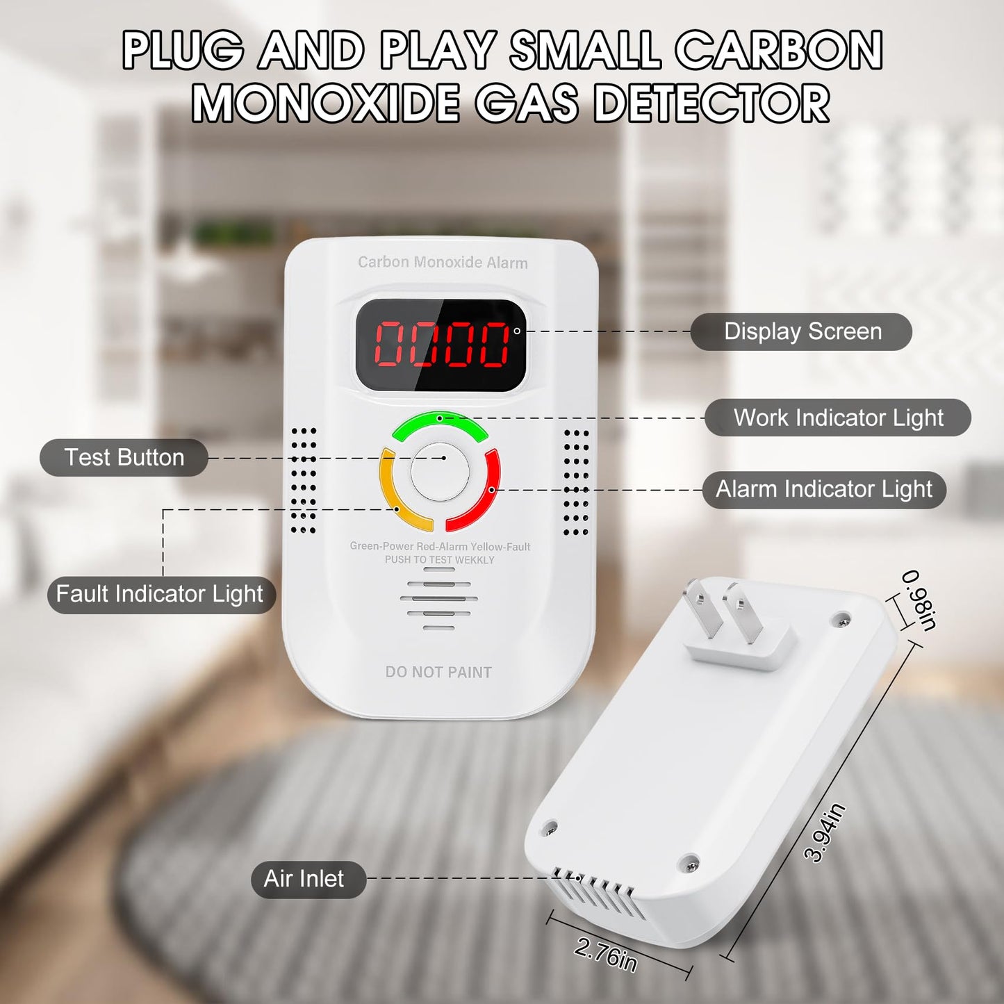 3 Pack Carbon Monoxide Detector, Plug-in Wall Carbon Monoxide Alarm, Portable Carbon Monoxide Detector with Digital Display LED, CO Alarm Monitor with Audible and Visual Alarm Test Mute Button