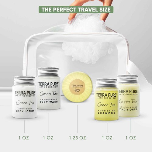 Terra Pure Hotel Soaps and Toiletries Bulk Set | 1-Shoppe All-In-Kit Amenities for Hotels | 1oz Hotel Shampoo & Conditioner, Body Wash, Body Lotion & 1.25oz Bar Soap Travel Size Toiletries | 75 Pieces