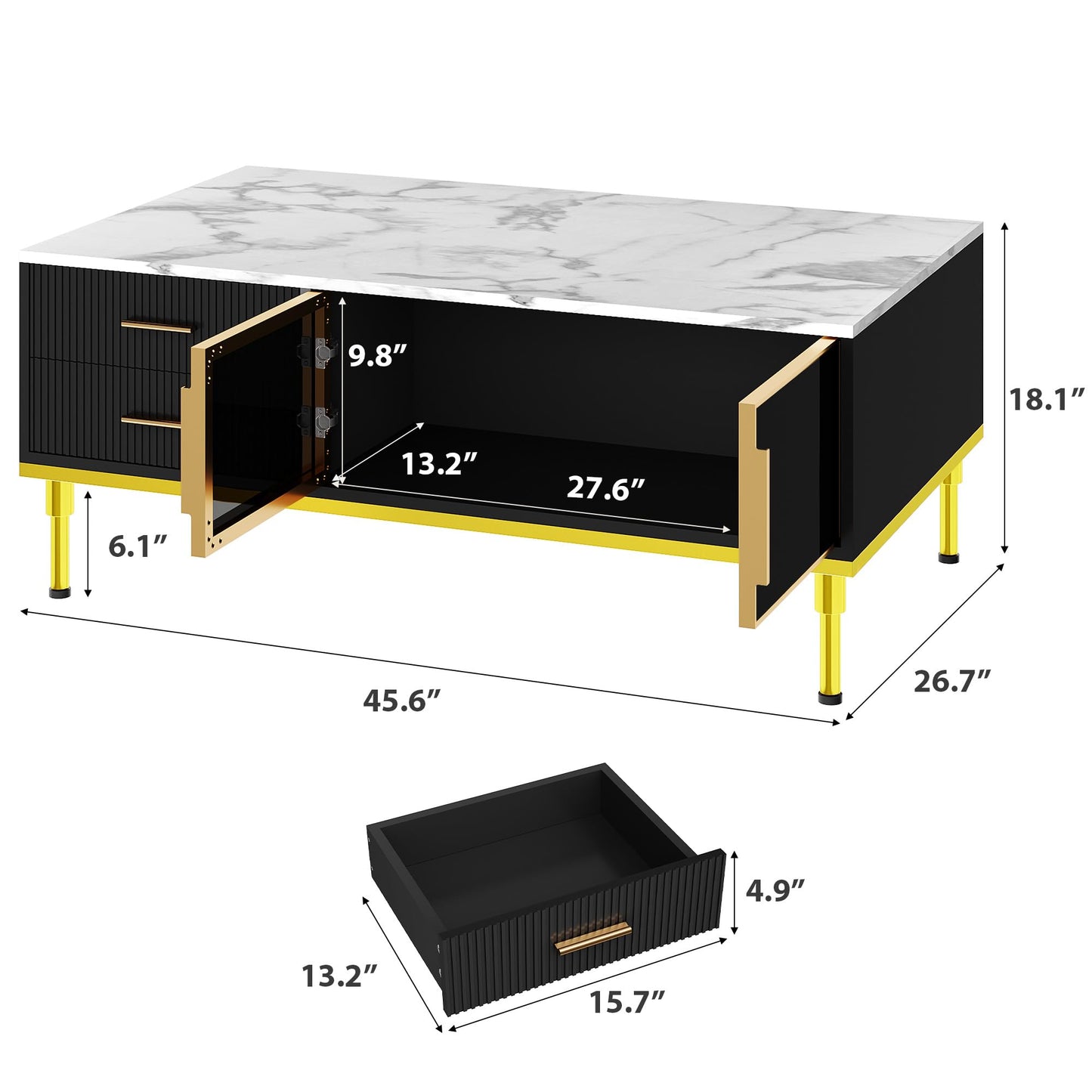 GAOMON Coffee Table for Living Room, Faux Marble Coffee Table with 4 Drawers and Glass Doors Storage, Modern Aesthetic Fluted Panel Design,Black & Gold