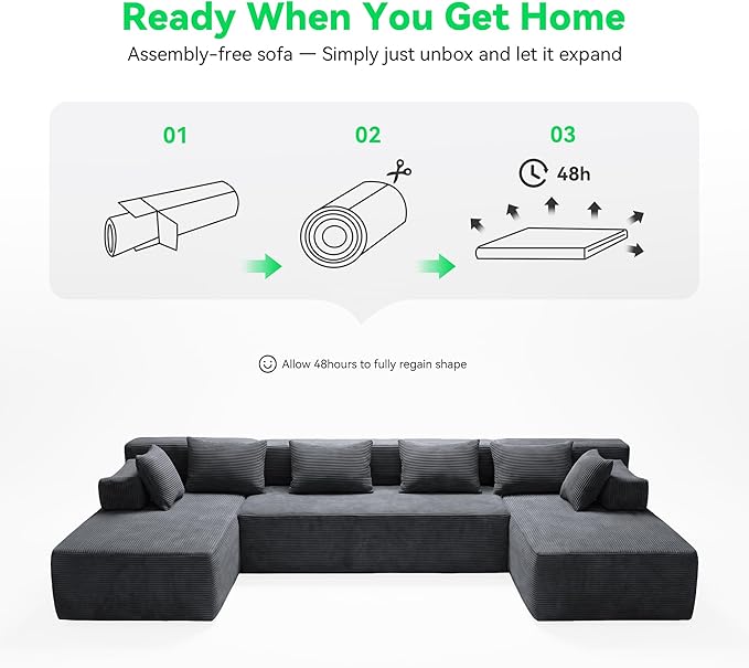MONVANE 141'' Modular Sectional Sofa, PRO Version U-Shape Boneless Couch, Oversized Deep Seating Cloud Couch, No Assembly, High-Resilience Foam, Soft Corduroy Fabric, for Living Room Apartments Grey | High-Resilience Foam