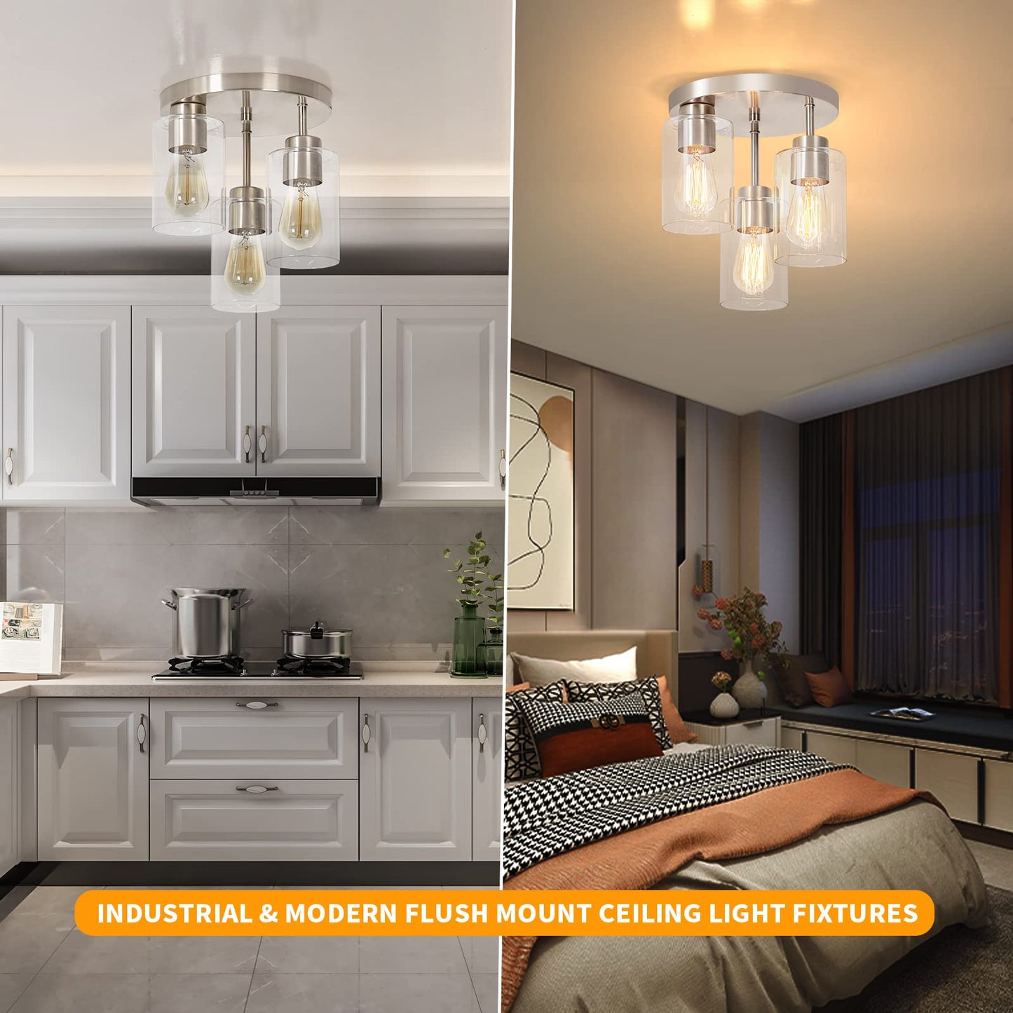 foucasal Semi Flush Mount Ceiling Light 3-Light Brushed Nickel Flush Mount Ceiling Light Fixtures with Clear Glass Shade, Modern Kitchen Ceiling Light for Bedroom Stairs Porch Hallway Entryway
