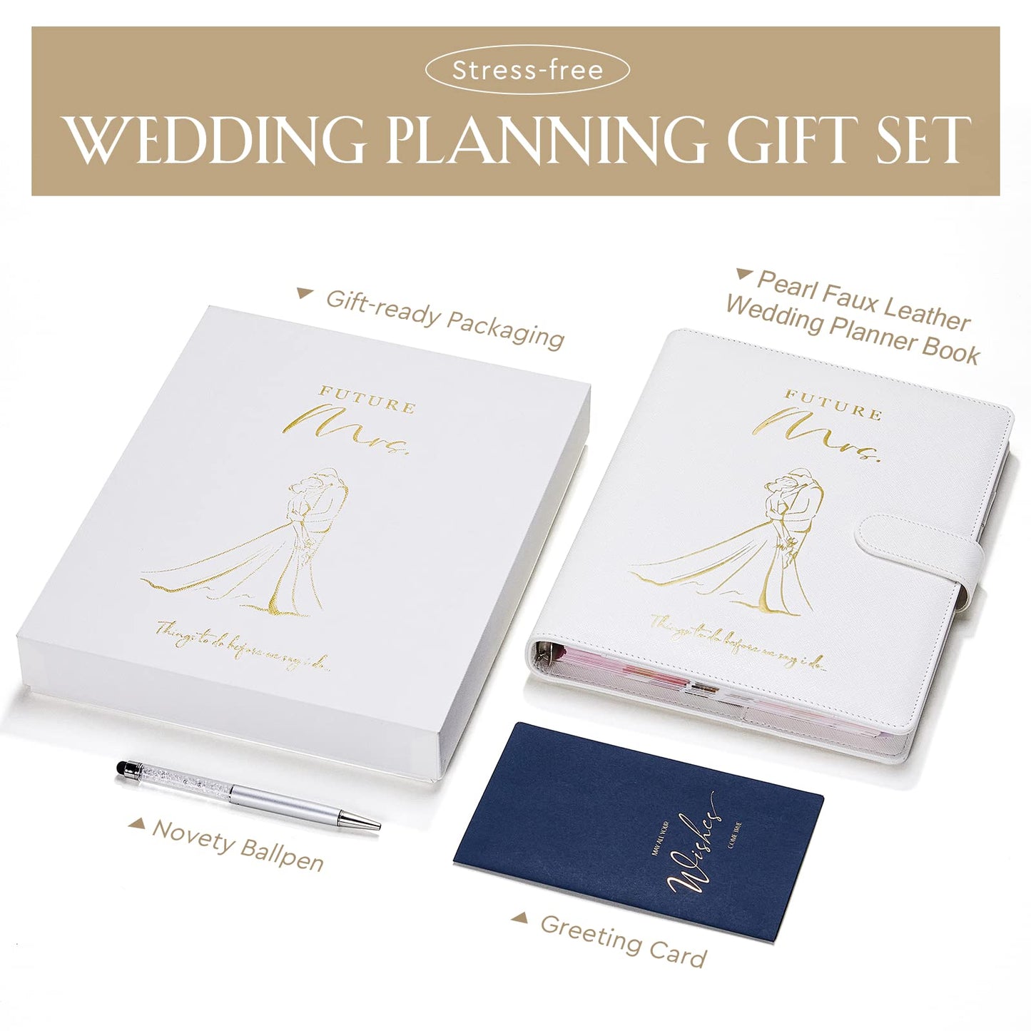 AW BRIDAL Best Engagement Gifts For Her Bride To Be GiftsâŁFuture Mrs Leather Wedding Planner Book And Organizer For The Bride Wedding Planning Notebook Budget Planner Binder, 140 Pages, White