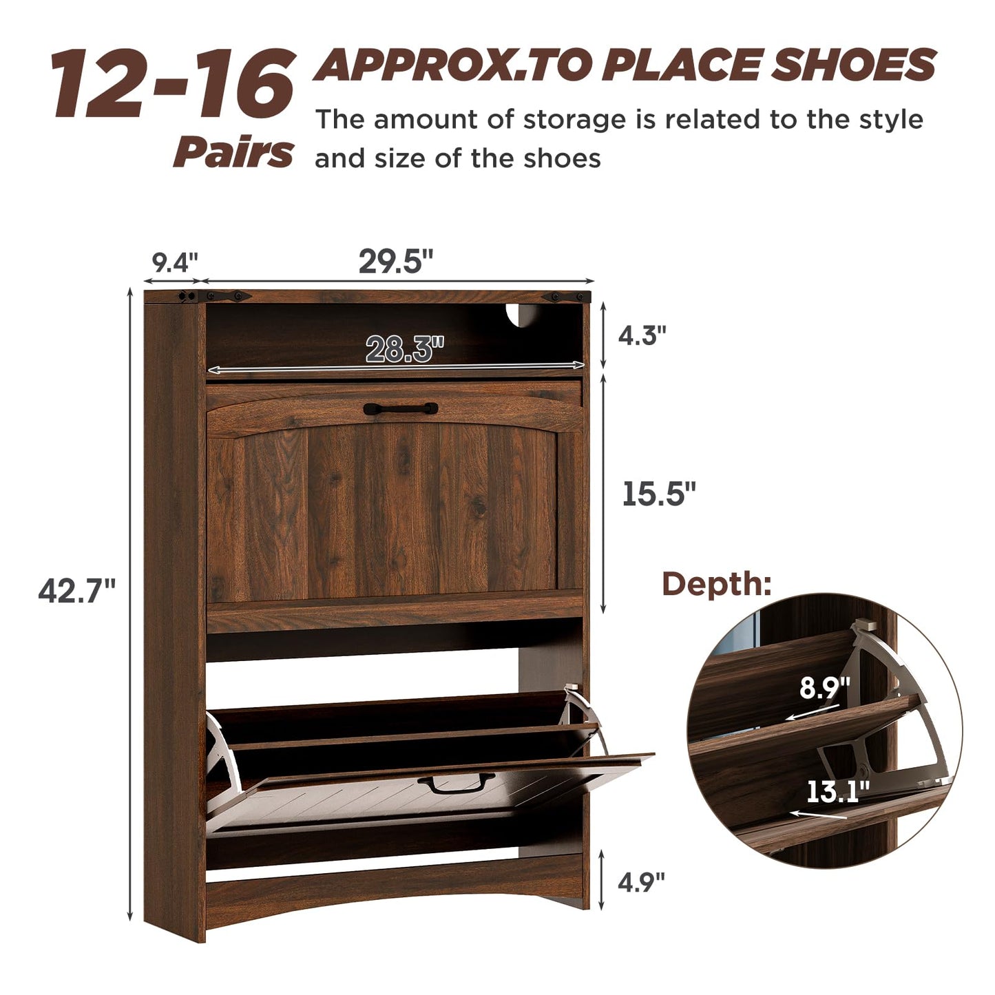 Maupvit Shoe Storage Cabinet with 2 Flip Drawers & Open Storage & RGB Lights, Narrow Shoe Rack Organizer Cabinets, Slim Shoe Cabinet for Entryway, Entrance, Hallway, Foyer, Walnut Brown
