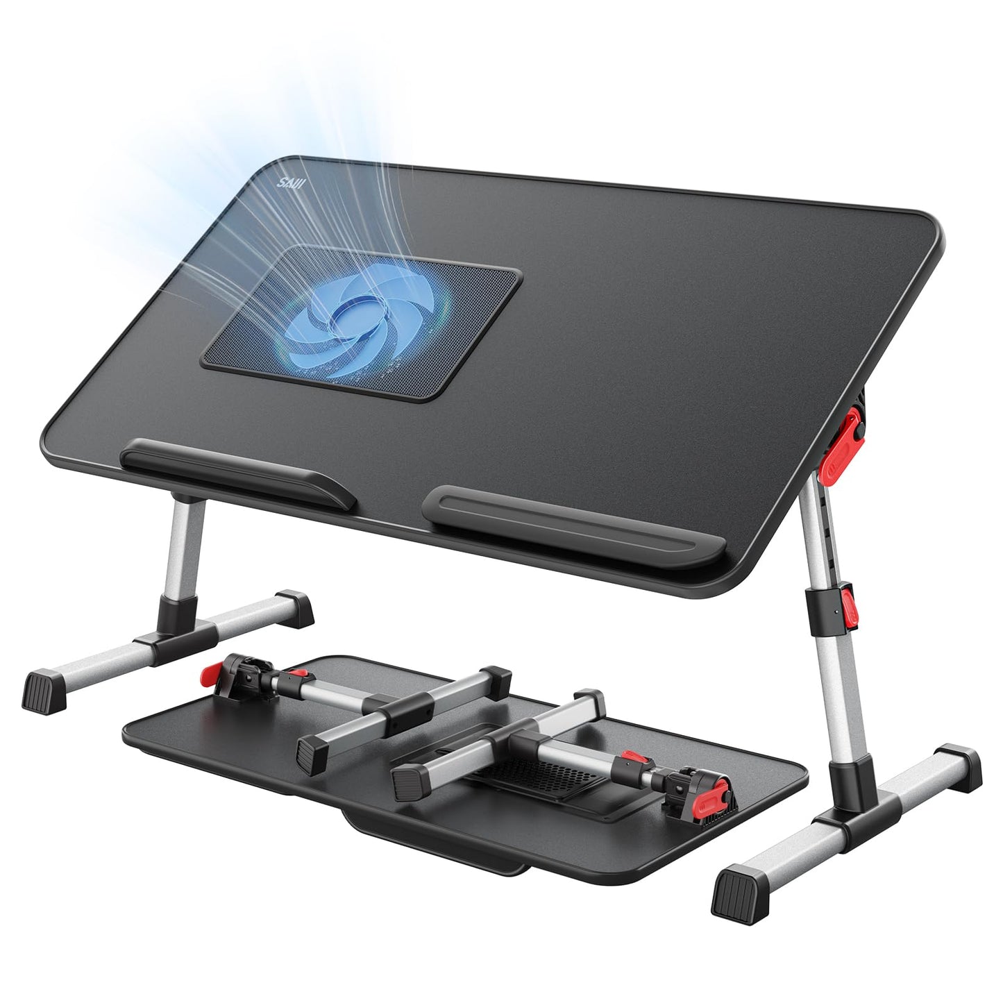 Laptop Desk for Bed with Cooling Fan, SAIJI Height & Angle Adjustable Laptop Stand for Bed, Lap Desk Tray Table, Lightweight Foldable Portable Computer Table for Couch Sofa Chair Floor Desk (Black)
