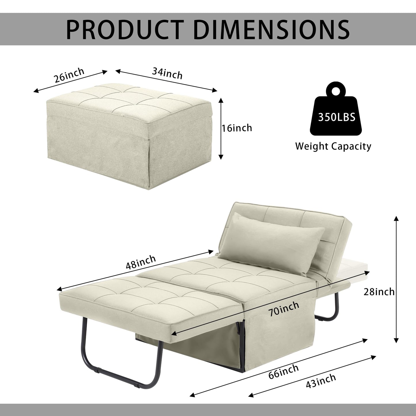 BIGSYY Sofa Bed, 4 in 1 Multi-Function Folding Ottoman Breathable Linen Couch Bed with Adjustable Backrest Modern Convertible Chair for Living Room Apartment Office, White