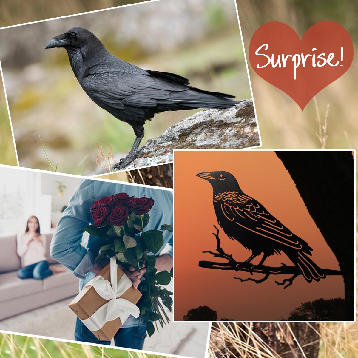 OULYDEKO Raven Decor,Metal Birds Yard Decor,Metal Yard Art Outdoor and Garden,Tree Decorations Outdoor,Yard Animals,Black Crows Halloween Decor