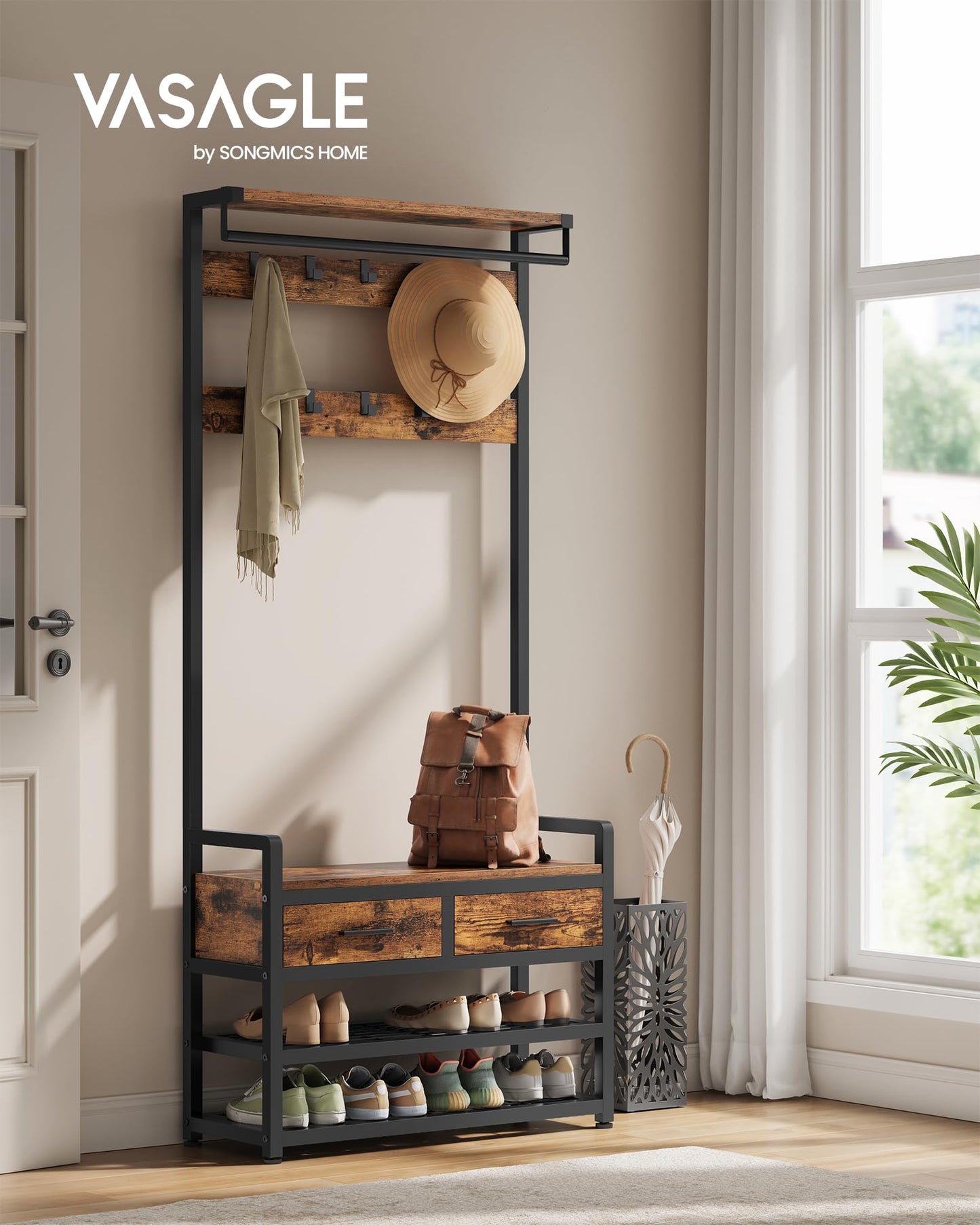 VASAGLE Hall Tree with Bench and Shoe Storage, Entryway Coat Rack with Shoe Bench, 2 Fabric Drawers, 10 Hooks, 11.8 x 31.7 x 71.5 Inches, Vintage Brown and Ink Black UHSR429B01