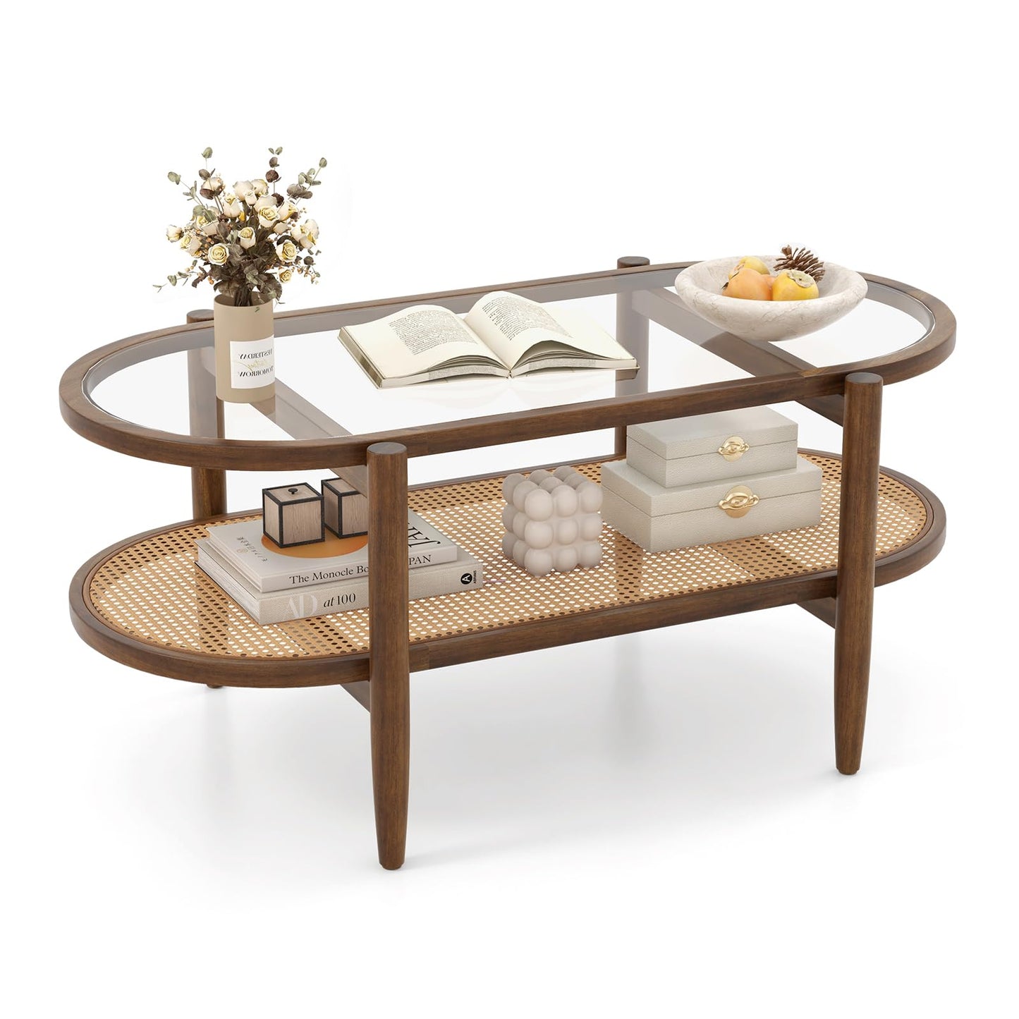 NAFORT 2-Tier Glass Coffee Table, 40" Oval Center Table with Tempered Glass Top, PE Wicker Storage Shelf, Farmhouse Modern Boho Tea Table for Living Room, Office, or Balcony (Bohemian, Brown)
