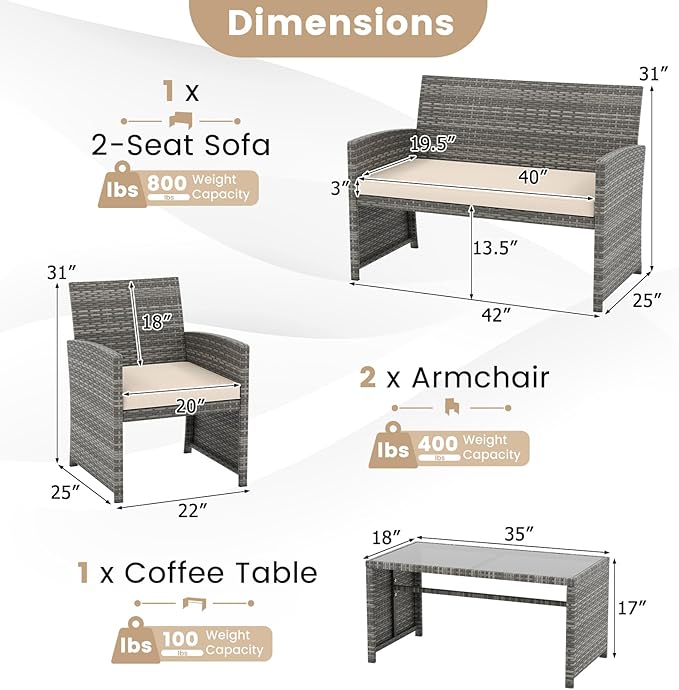 Tangkula 8 Piece Patio Wicker Furniture Set, Outdoor Heavy Duty Rattan Cushioned Chairs, Loveseat and Tempered Glass Coffee Table, for Backyard, Balcony, Poolside