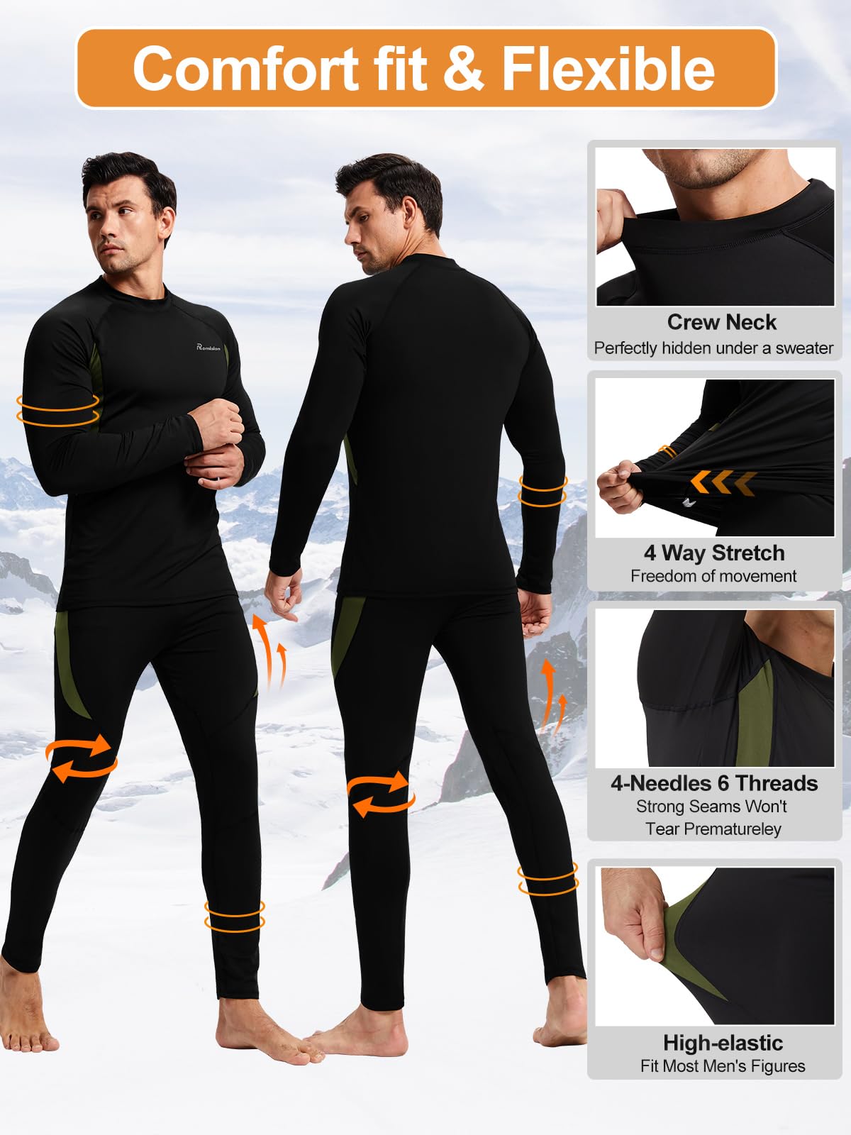 romision Long Johns for Men Thermal Underwear Set Winter Hunting Gear Sport Bottom Top Base Layer for Cold Weather A-Black
