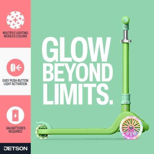 Jetson Bloom Go & Grow Kids 3-Wheel Light-Up Kick Scooter, Lights on Stem & Wheels, Adjustable Height Handlebar, Rear Brake, Easy-Folding Mechanism, Ages 3+, Green, JBLOOM-GRN