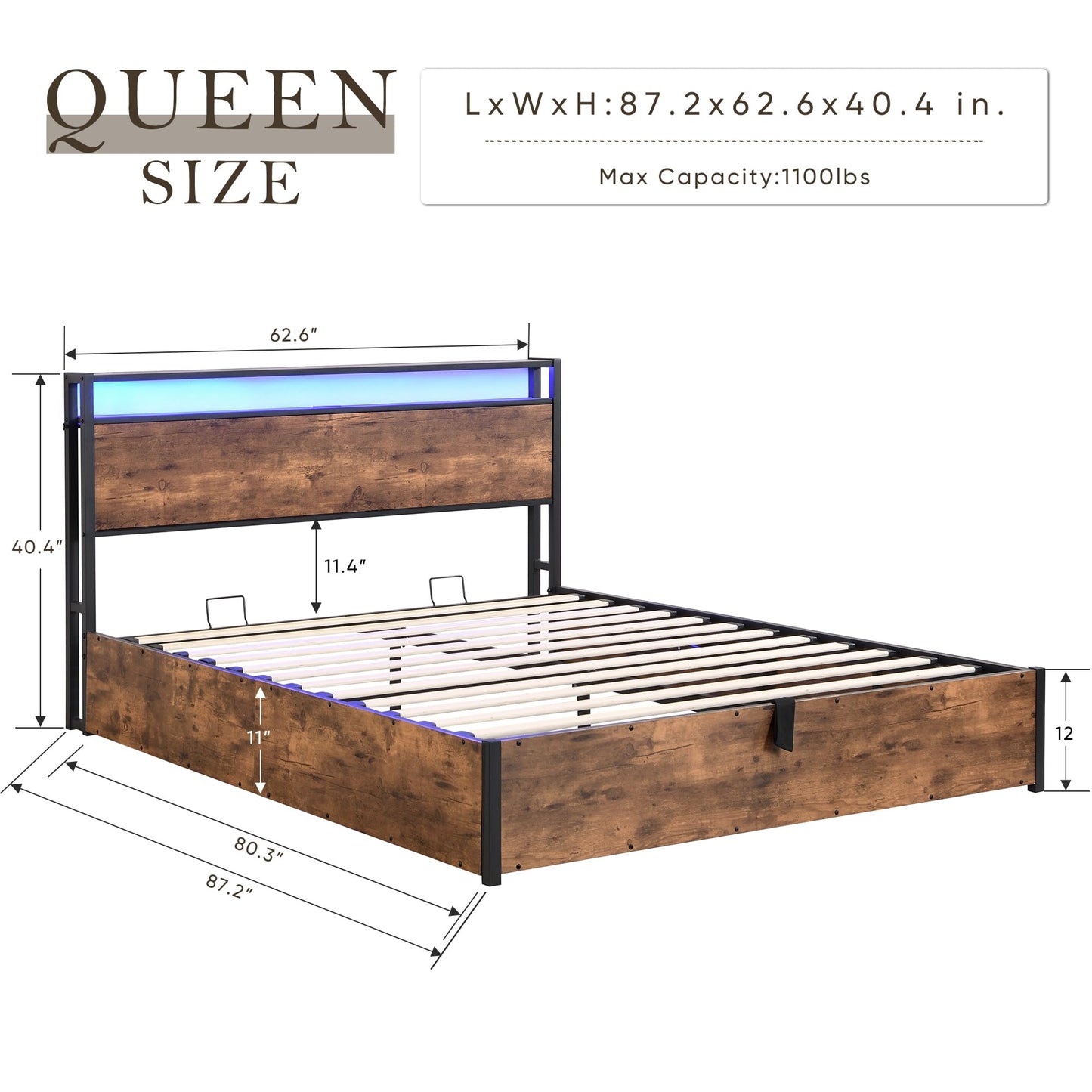 Queen Size Lift Up Storage Bed Frame with Charging Station, Wooden Platform Bed Frame with with Bookcase Headboard & LED Lights, Heavy Duty Metal Slats Support, Hydraulic Storage, Noise-Free, Brown