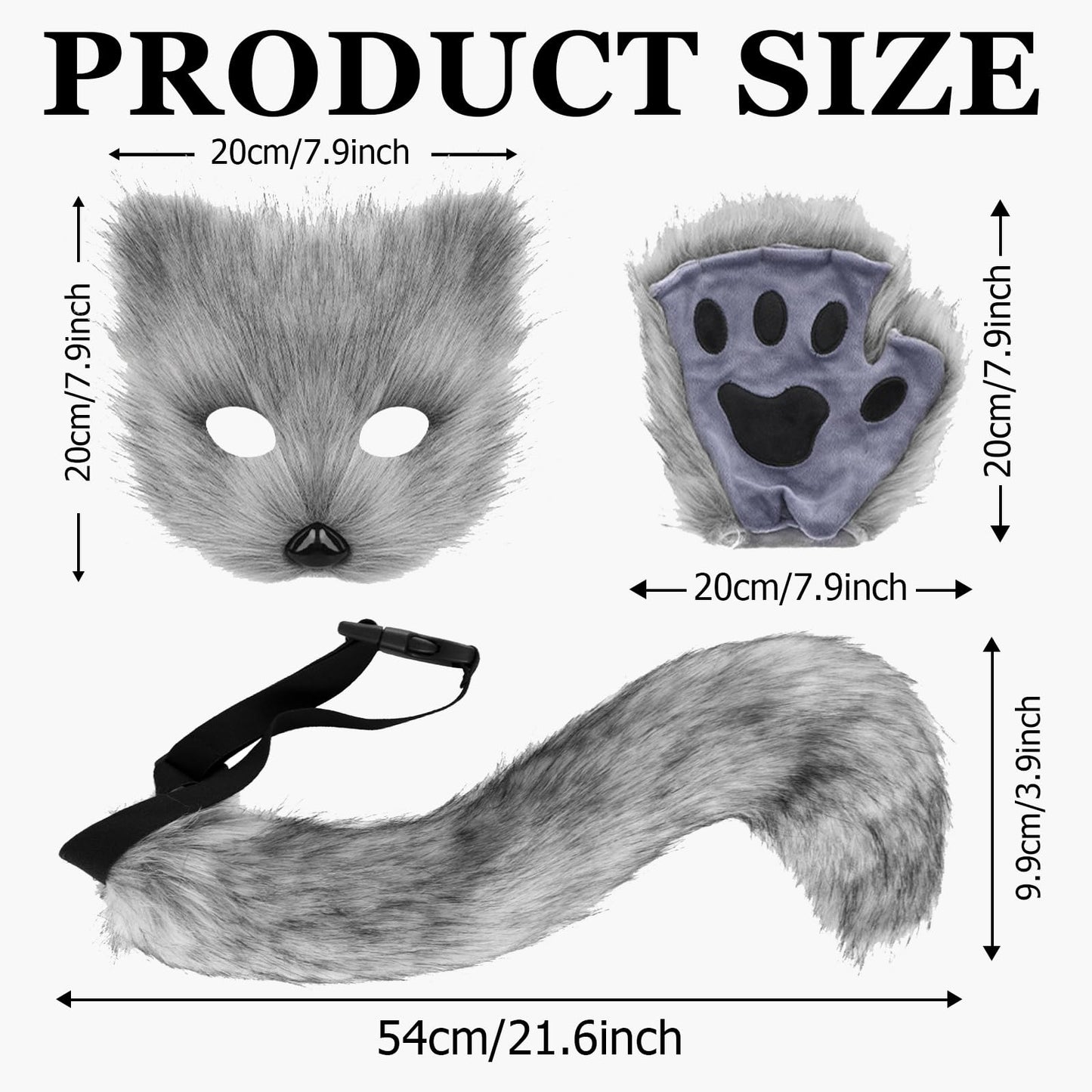 Hyuetrsa Faux Fur Fox Tail Cat Wolf Cosplay Costume Set Furry Orc Mask and Fox Tail Gloves Set Halloween Christmas Party Girls Women, Mask, a Pair of Gloves and a Tail 3-Piece Set