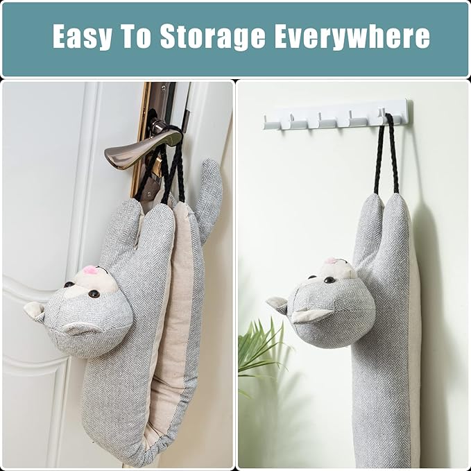 Marwood Under Door Draft Stopper Decorative Wind Stopper 42 inch for Door & Window, Weighted Animal Air Draft Stopper Snake Noise Blocker for Bottom of Door with Hanging Loops - Grey Cat