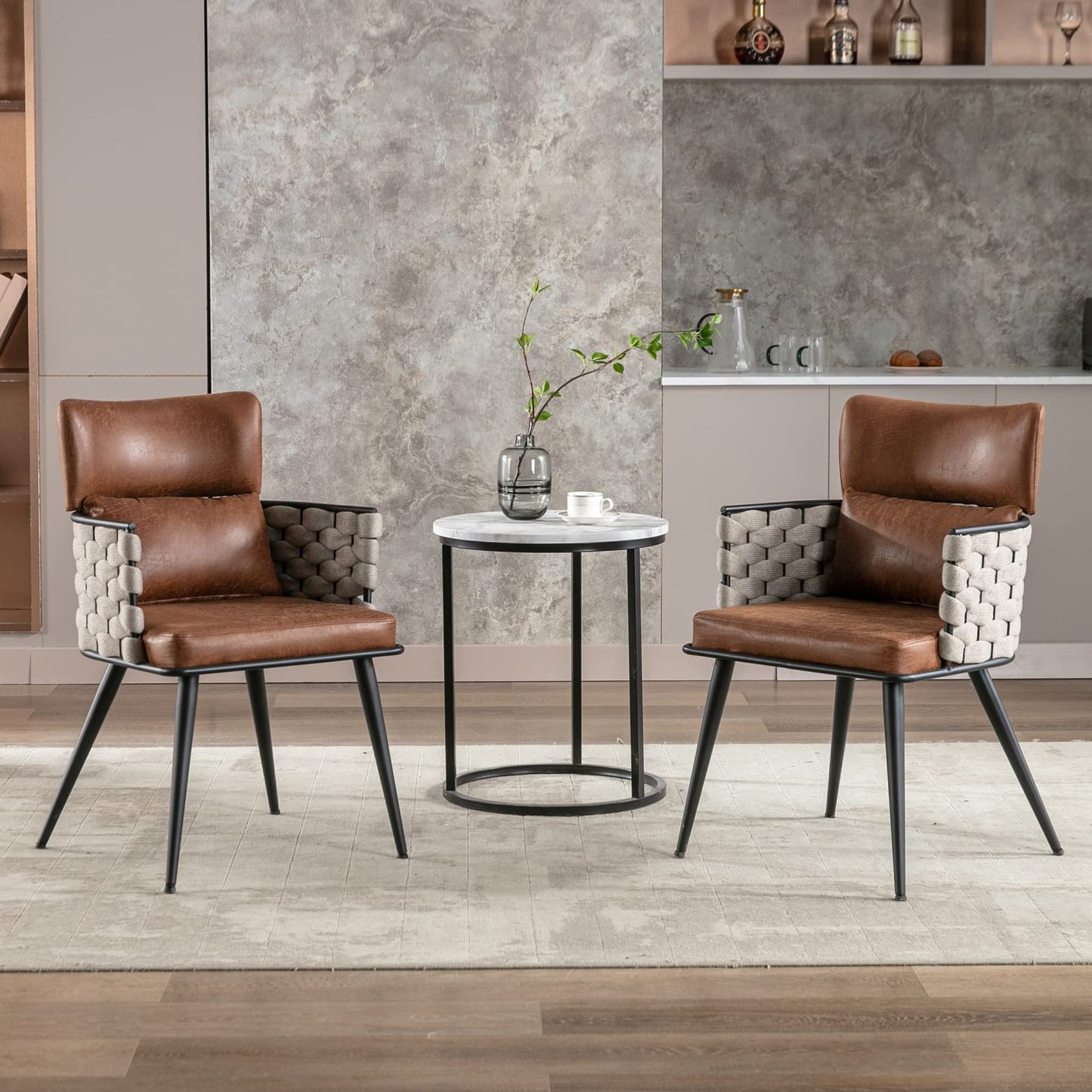 BFZ Dining Chairs Set of 2, Mid-Century Modern Dining Chairs with Metal Legs, Faux Leather Woven Kitchen Chairs for Kitchen, Living Room