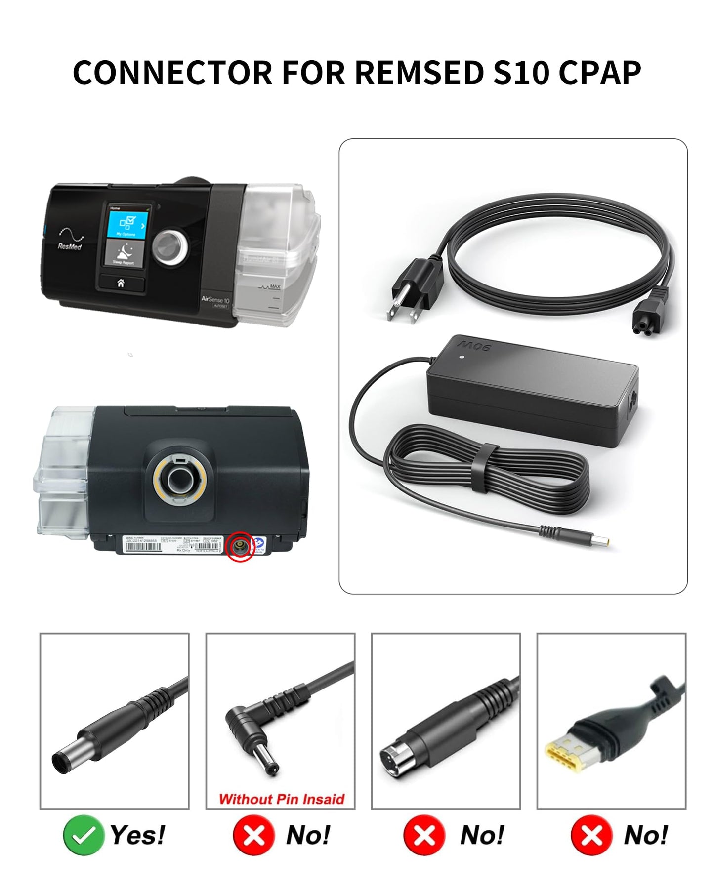VHBW 90W AC Adapter Compatible with Resmed Airsense 10 S10 AirCurve 10 Series CPAP and BiPAP Machine, 24V 3.75A 370001 CPAP Power Cord Compatible with Resmed Airsense 10 Power Cord