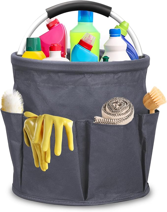 Cleaning Caddy with Handle, 17L Collapsible Cleaning Products Organiser Bucket Tool Organizer in 600D Oxford Fabric Portable Multi Cleaning Bucket Bag for Home Garden (Dark Grey)