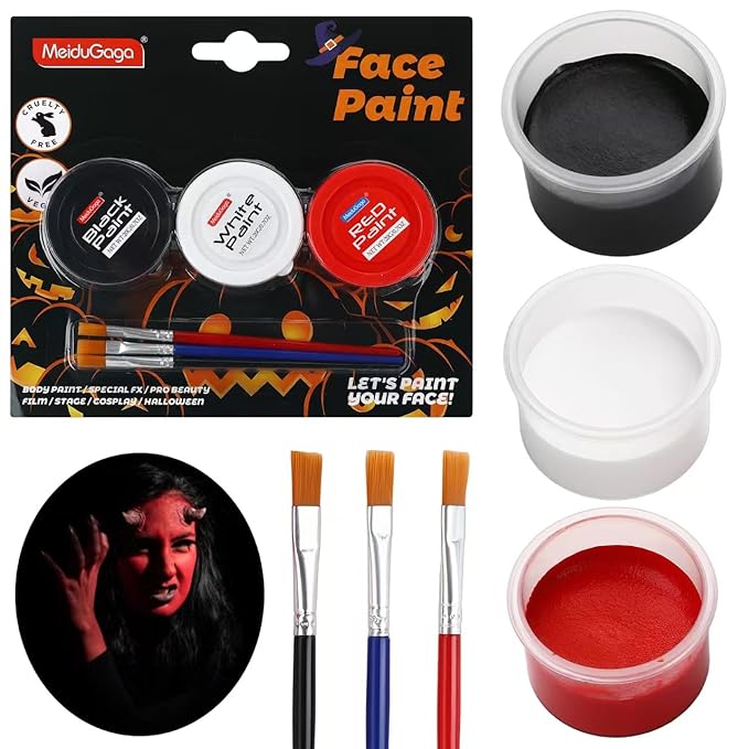 Halloween Makeup Kit, White + Black + Red Face Painting Kit for Adults 60g(2.1 oz), Body Paint Kit with Brushs for Halloween Makeup, Party, Cosplay, Theater