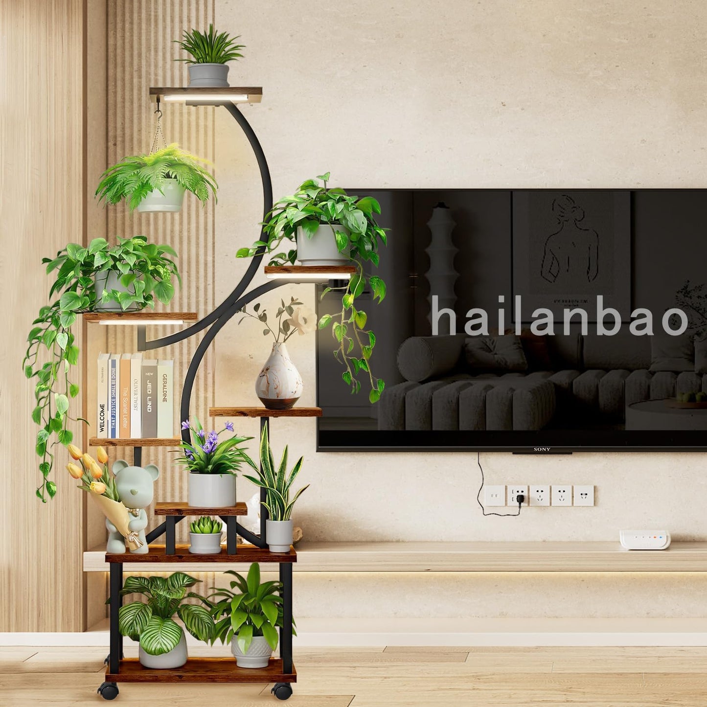 Indoor Plant Stand with Grow Lights ,Stylish S-Shaped Metal Rack for Multiple Indoor Holder Plants ,8-Tiered 62" Tall Plant Shelf for Home and Patio ,Perfect for Plant Lovers (Black-With roller)