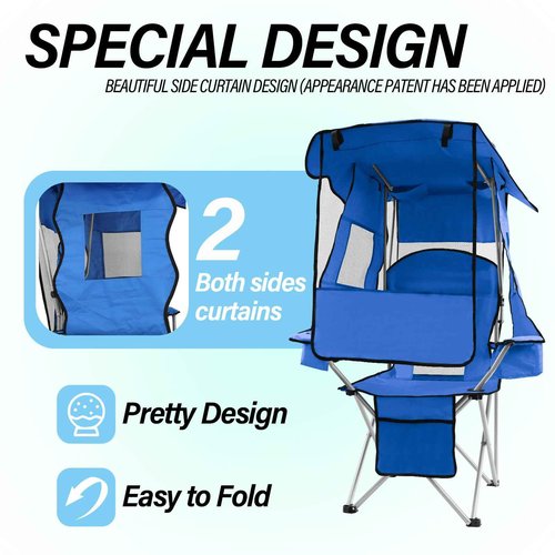 ptlsy Beach Chair with Canopy Shade Folding Camping Chair for Adults with Cup Holders, Cooler Bag for Camping, Fishing, Beach, Sports and Concert (Blue)