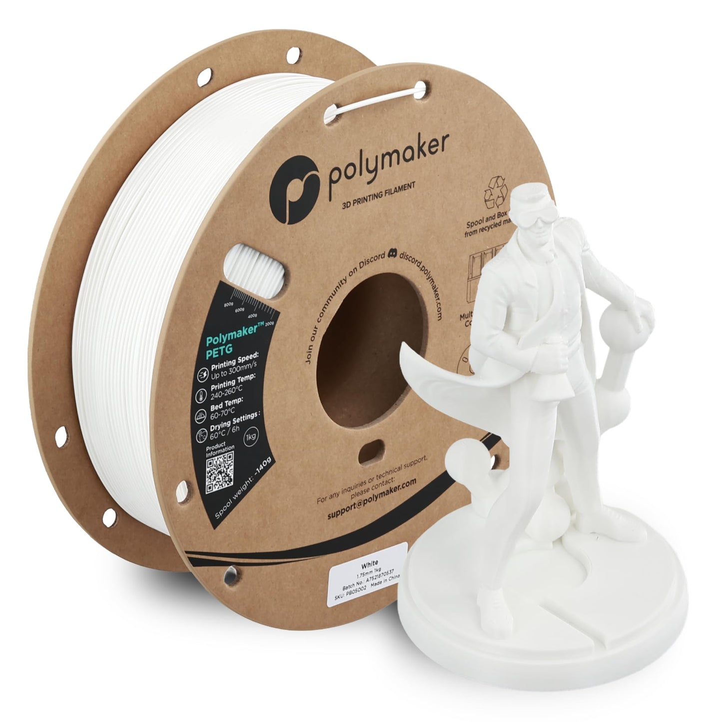 Polymaker PETG White 3D Printer Filament 1.75mm 1kg, High Speed PETG up to 300mm/s, High Strength New Formula, Excellent Layer A