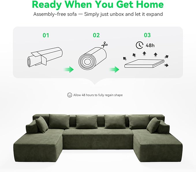 MONVANE 141'' Modular Sectional Sofa, PRO Version U-Shape Boneless Couch, Oversized Deep Seating Cloud Couch, No Assembly, High-Resilience Foam, Soft Corduroy Fabric, for Living Room Apartments Green | Convertible