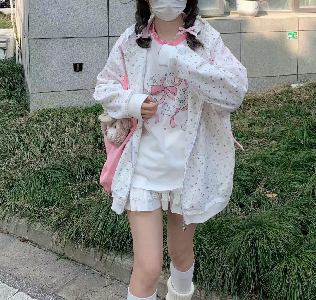 Kawaii Oversized T-Shirt Cute Pink Anime Shirt Japanese Harajuku Patchwork Tee Cartoon Print Loose Teen Girl Plus Size (Pink,Small,Small)