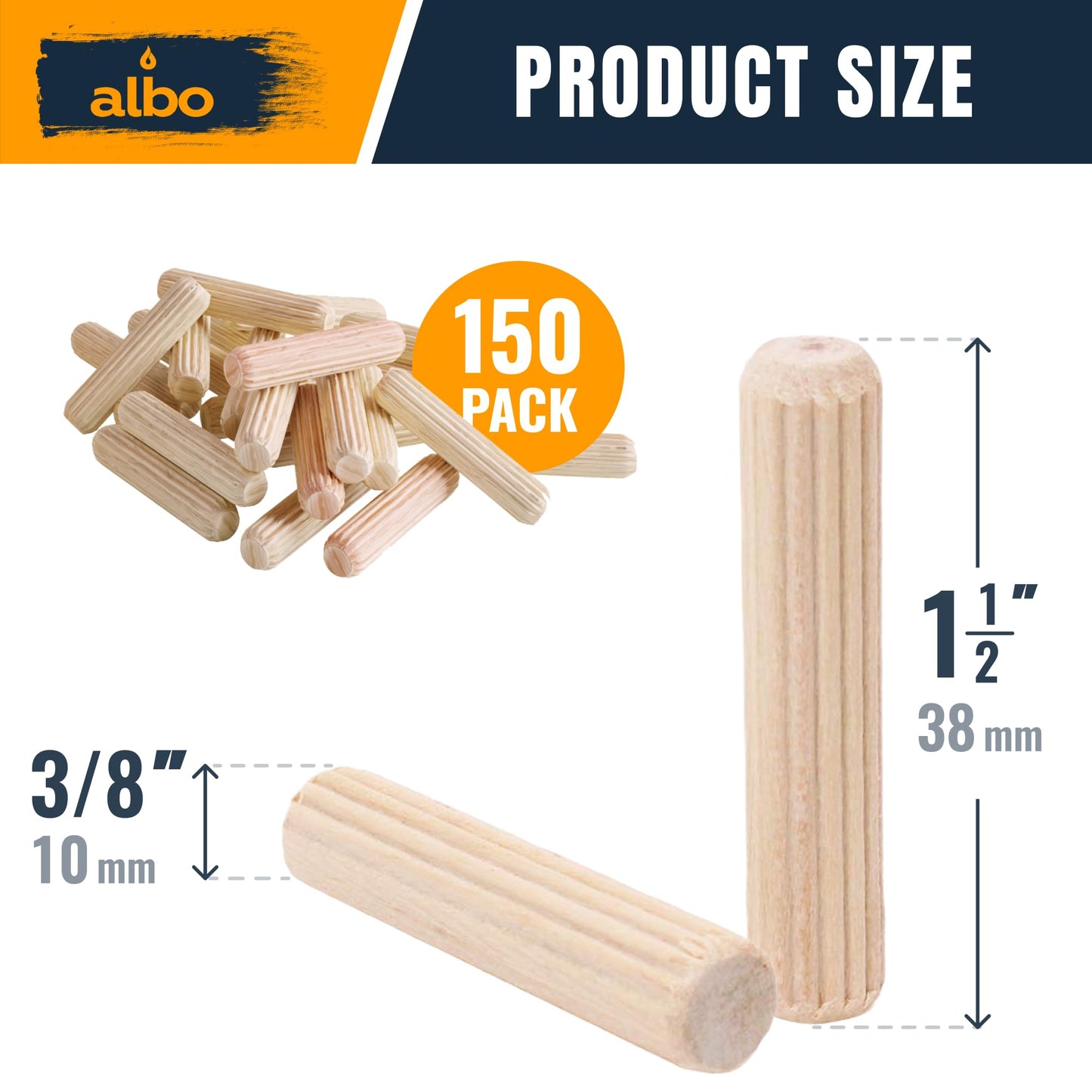 ALBO Wooden Dowel Pins 3/8 x 1 1/2 inch Fluted Wood Dowels Rods 150 Pack Hardwood Crafts Dowel Pegs